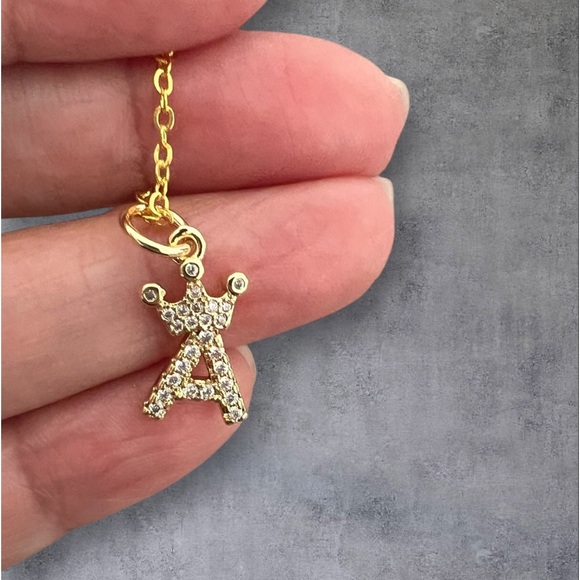 14K GP Name initials (Letter) crown pendant & necklace CHOOSE one from A-Z - Picture 2 of 5